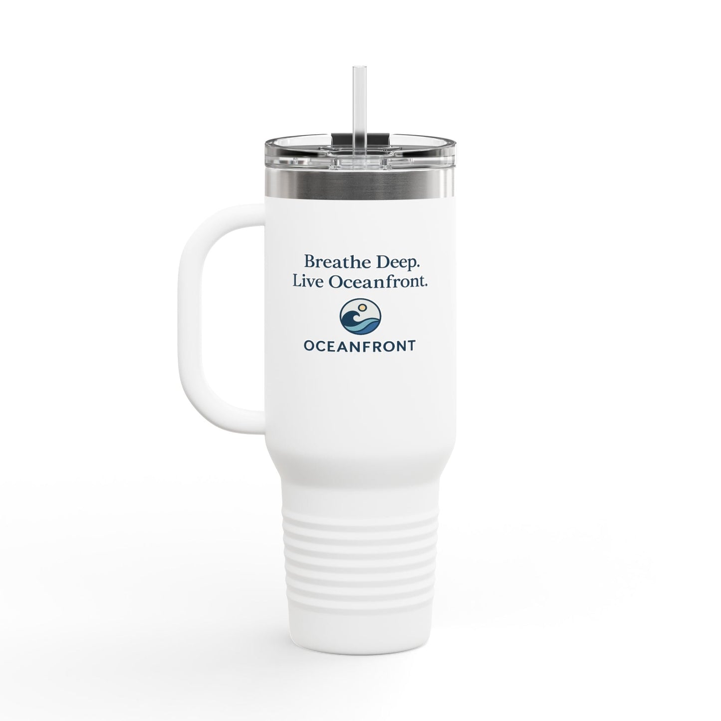 Oceanfront Insulated Travel Mug – “Breathe Deep. Live Oceanfront.” | Custom Name Option Printify