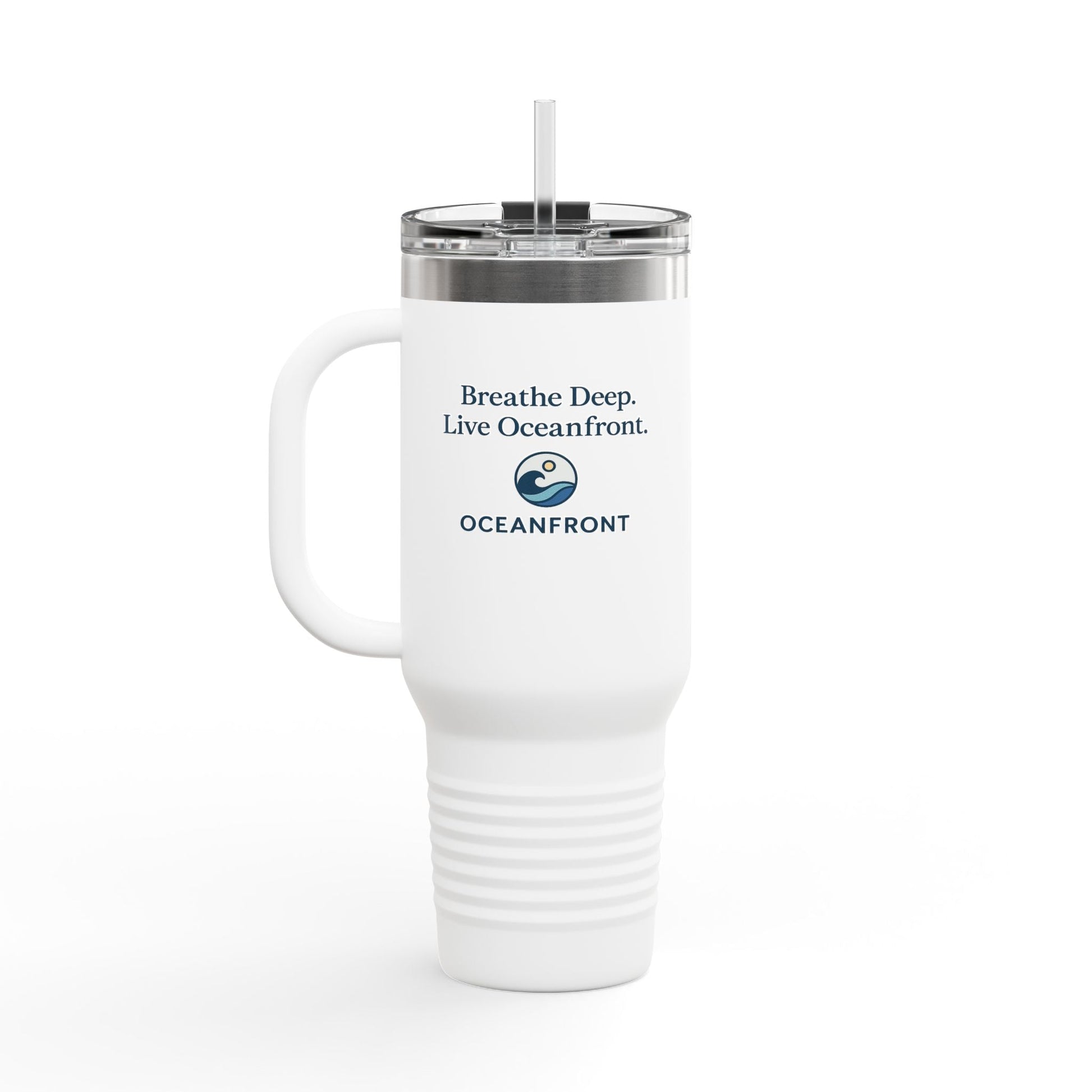 Oceanfront Insulated Travel Mug – “Breathe Deep. Live Oceanfront.” | Custom Name Option Printify