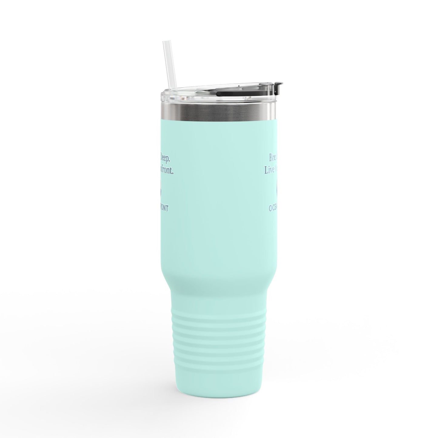 Oceanfront Insulated Travel Mug – “Breathe Deep. Live Oceanfront.” | Custom Name Option Printify