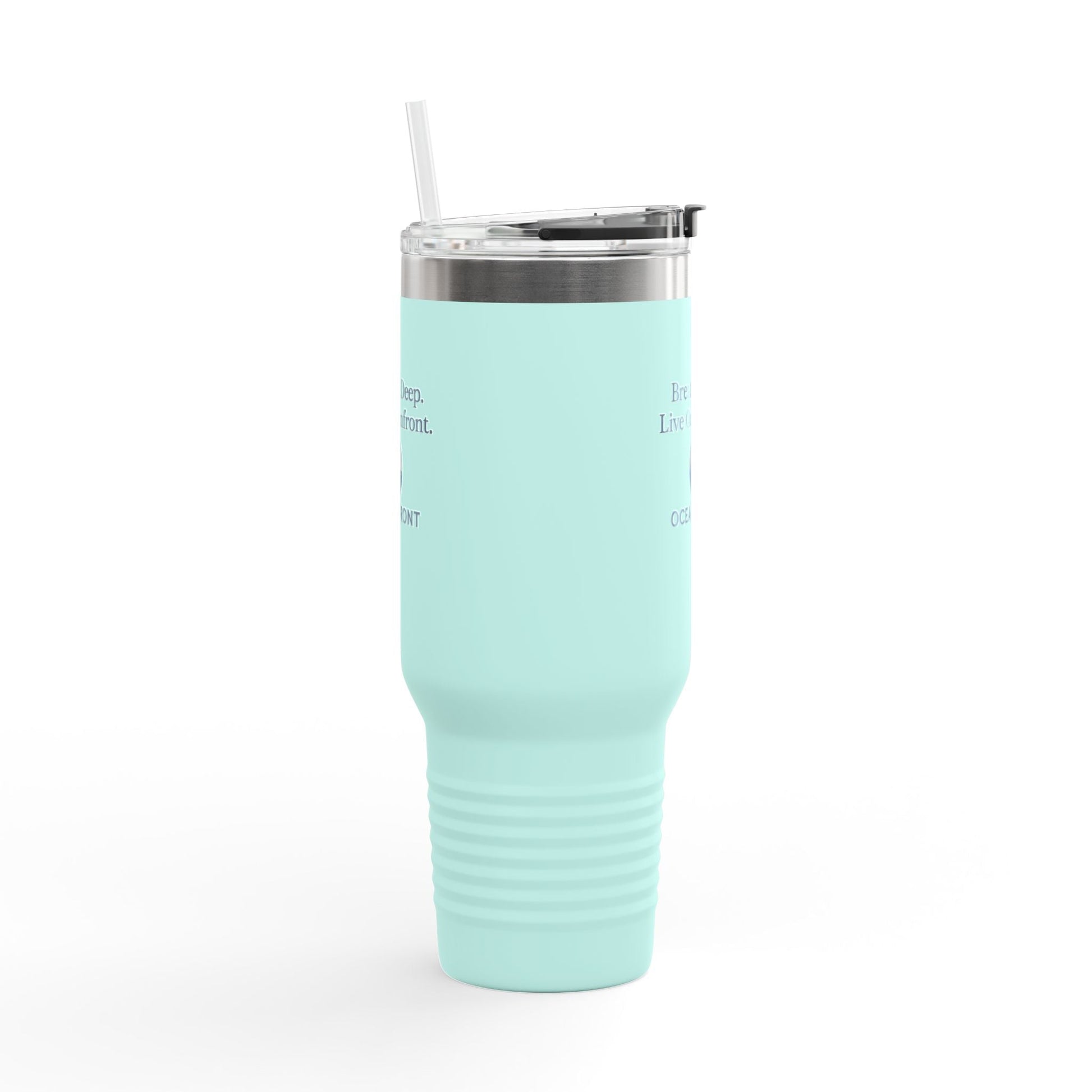 Oceanfront Insulated Travel Mug – “Breathe Deep. Live Oceanfront.” | Custom Name Option Printify
