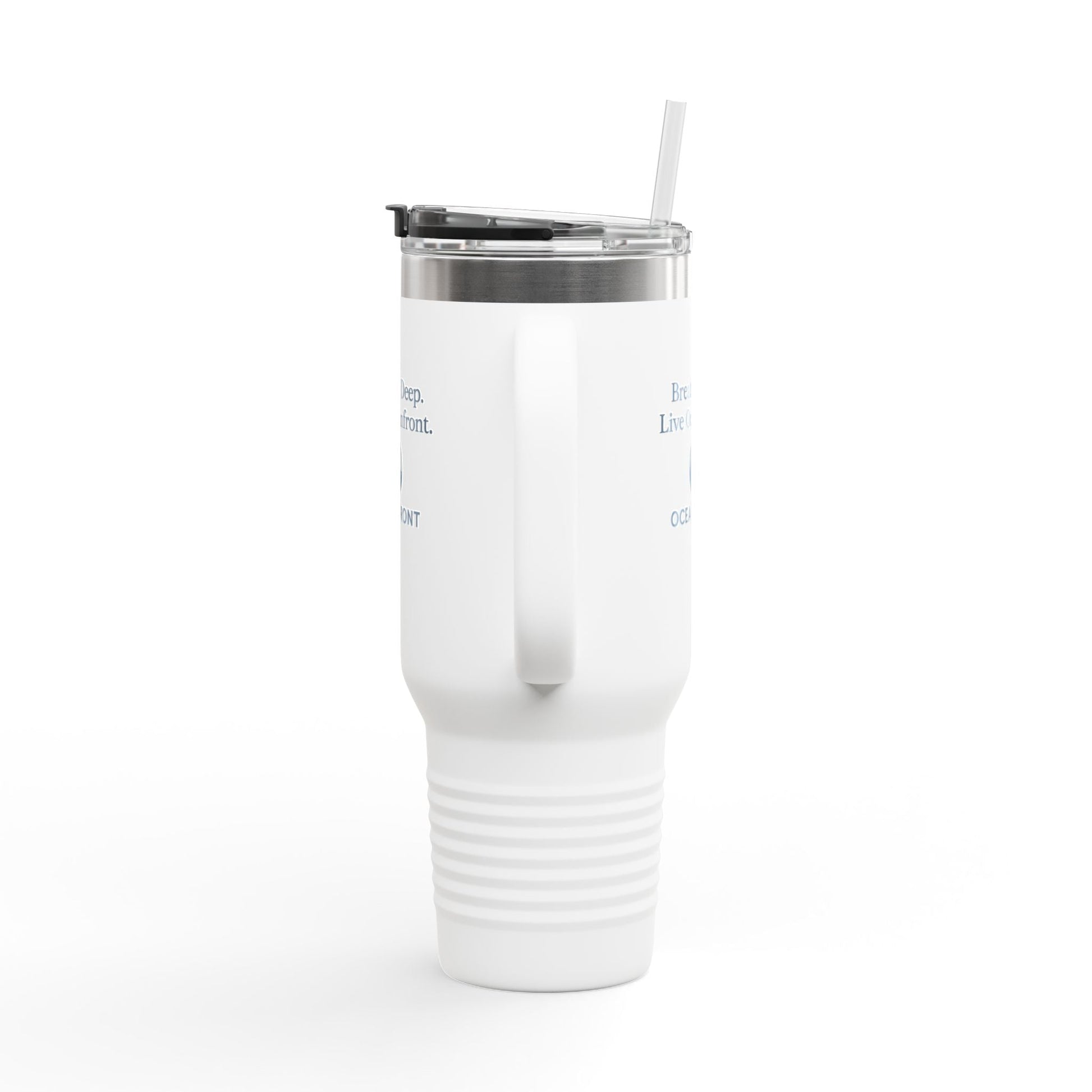 Oceanfront Insulated Travel Mug – “Breathe Deep. Live Oceanfront.” | Custom Name Option Printify