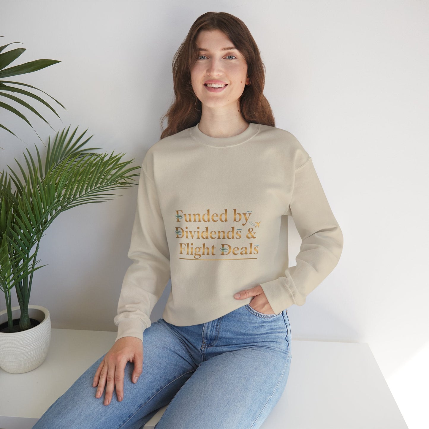 Crewneck Sweatshirt — “Funded by Dividends & Flight Deals” Minimal Investment Travel Tee Printify