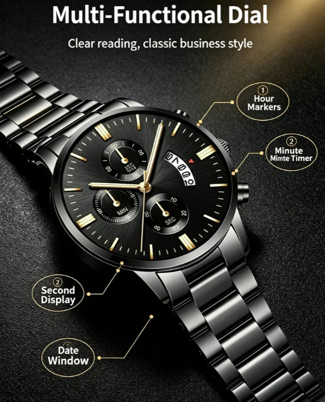 Luxury Stainless Steel Men Calendar Quartz Watch Business Dress Wristwatch Reloj Hombre Daily Formal Watch