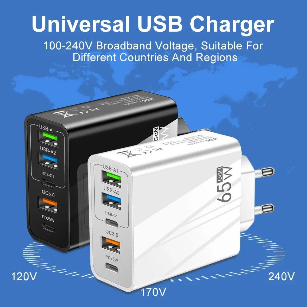 65w Fast Charger Mobile Charging Head Pd Plus 3usb Travel Multi Interface Charger 3.1A For Samsung Xiaomi Iphone Eu Us Adapter - Oceanfront Products