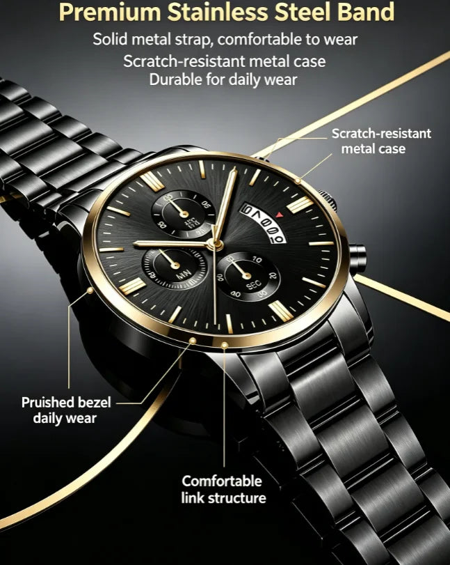 Luxury Stainless Steel Men Calendar Quartz Watch Business Dress Wristwatch Reloj Hombre Daily Formal Watch